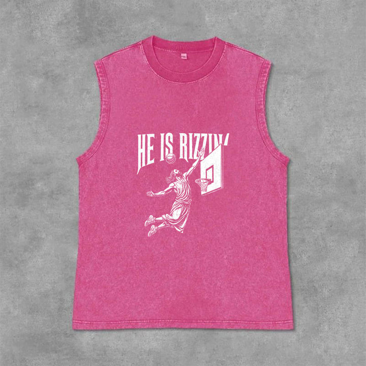 Christianartworkshop He Is Rizzin' Jesus Basketball Unisex Washed Tank Top - Pink - 2XL - image 9