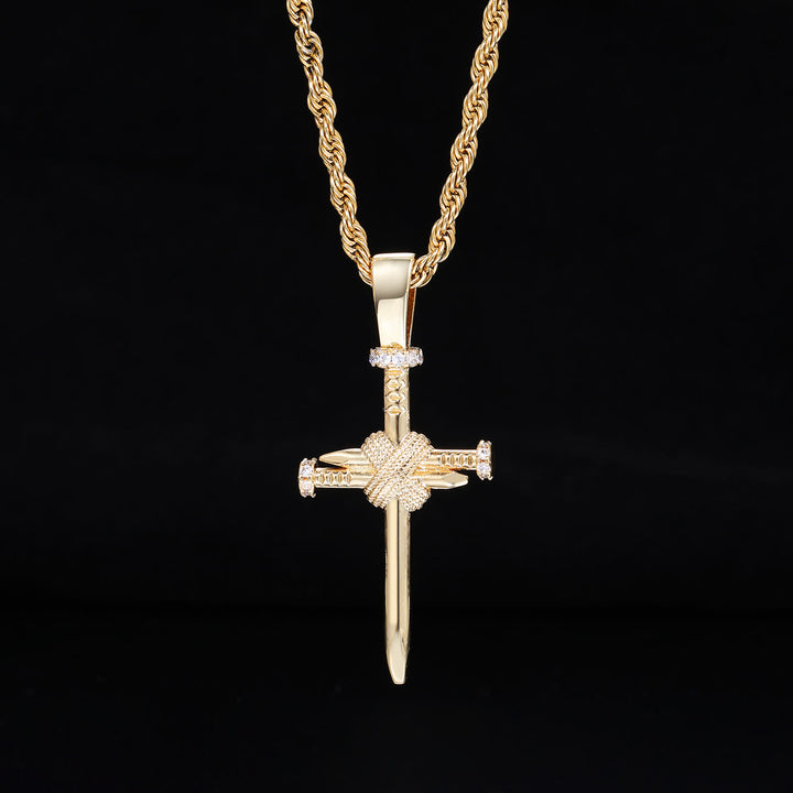 Christianartworkshop Zircon-Accented Nail Shaped Cross Pendant: Elegant Reminder of Unwavering Faith - Golden - image 4