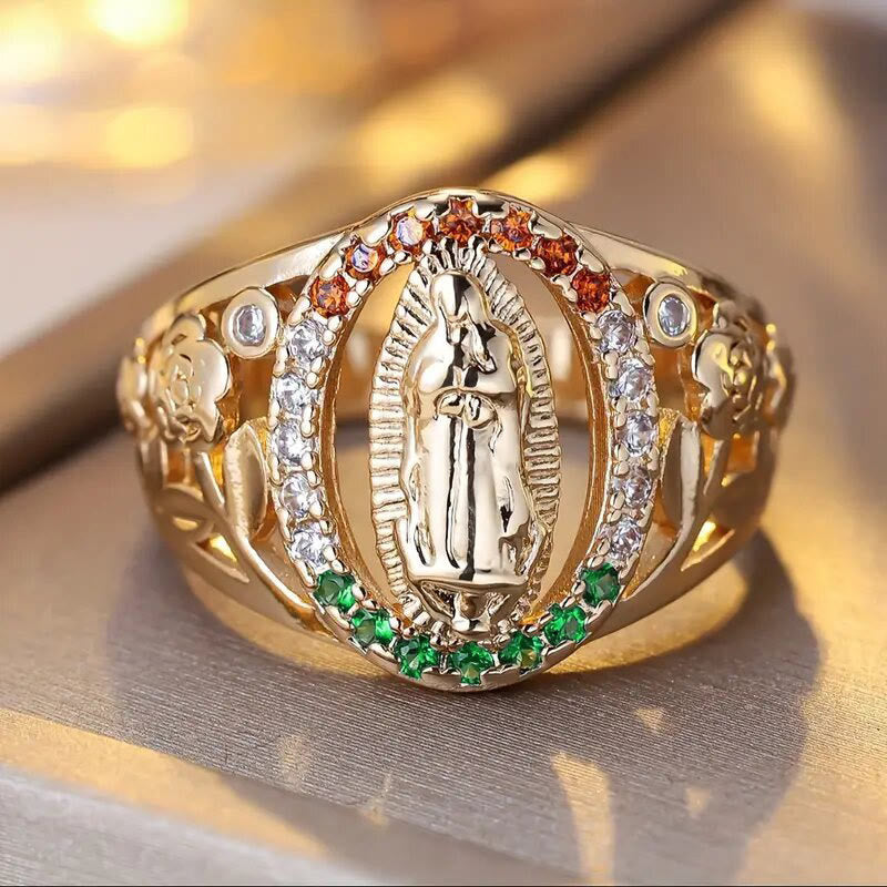 Christianartworkshop Zircon-Encrusted Our Lady Ring with Floral Design: Elegant Reminder of Unwavering Faith - image 5