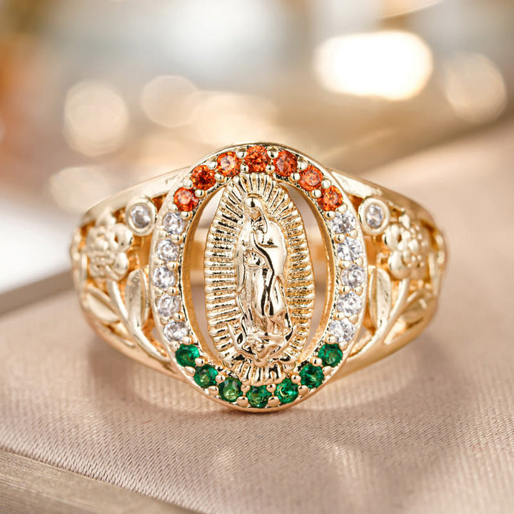 Christianartworkshop Zircon-Encrusted Our Lady Ring with Floral Design: Elegant Reminder of Unwavering Faith - US 10 - image 0