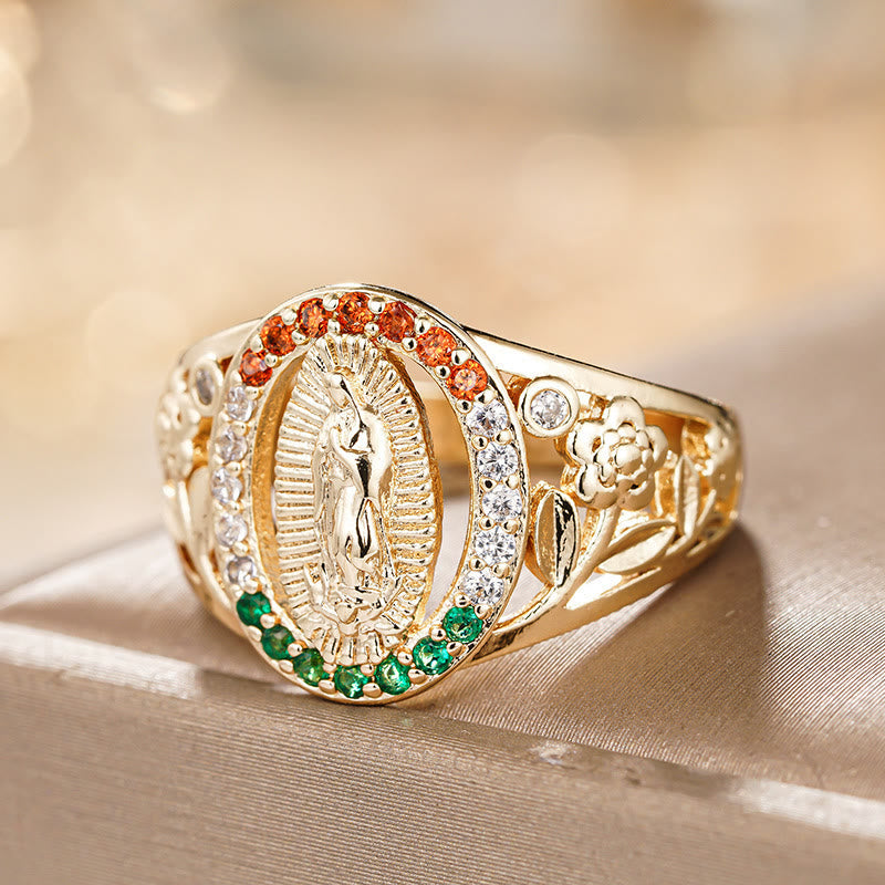 Christianartworkshop Zircon-Encrusted Our Lady Ring with Floral Design: Elegant Reminder of Unwavering Faith - image 4