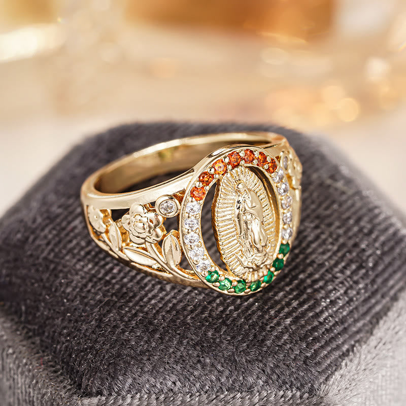 Christianartworkshop Zircon-Encrusted Our Lady Ring with Floral Design: Elegant Reminder of Unwavering Faith - image 6