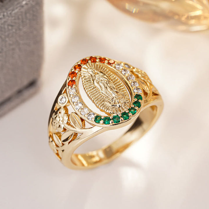 Christianartworkshop Zircon-Encrusted Our Lady Ring with Floral Design: Elegant Reminder of Unwavering Faith - image 3