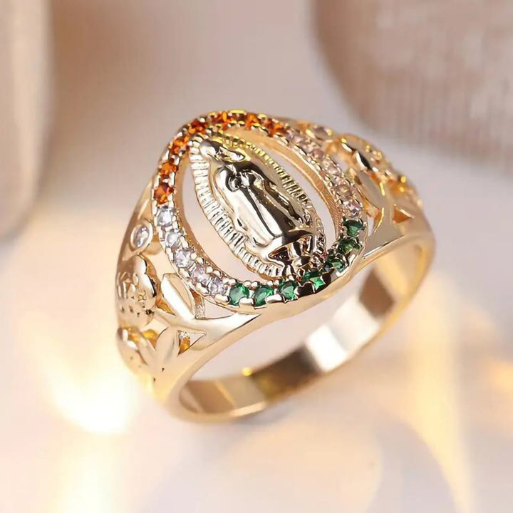 Christianartworkshop Zircon-Encrusted Our Lady Ring with Floral Design: Elegant Reminder of Unwavering Faith - image 1