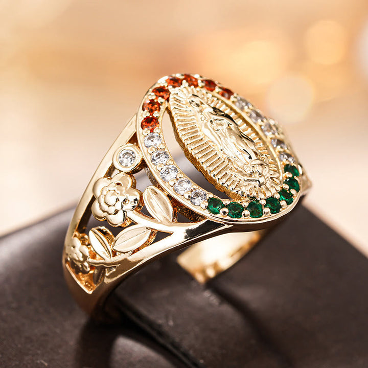 Christianartworkshop Zircon-Encrusted Our Lady Ring with Floral Design: Elegant Reminder of Unwavering Faith - image 2