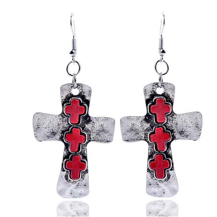 Christianartworkshop Textured Three-Cross Earrings with Stone Inlays: Symbol of Faith and Protection - Red - image 6