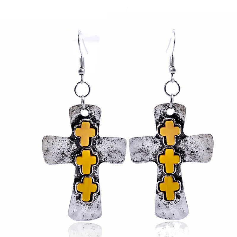 Christianartworkshop Textured Three-Cross Earrings with Stone Inlays: Symbol of Faith and Protection - Yellow - image 11