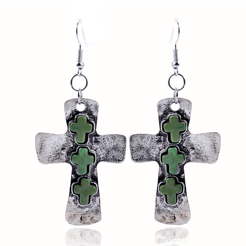 Christianartworkshop Textured Three-Cross Earrings with Stone Inlays: Symbol of Faith and Protection - Green - image 5