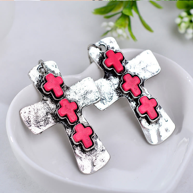 Christianartworkshop Textured Three-Cross Earrings with Stone Inlays: Symbol of Faith and Protection - Rose - image 8