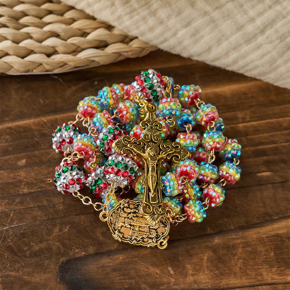 Christianartworkshop Christmas Rainbow Beads Rosary with Golden Cross: Devotion & Vibrant Faith - Christmas Rainbow Beads Rosary - image 0