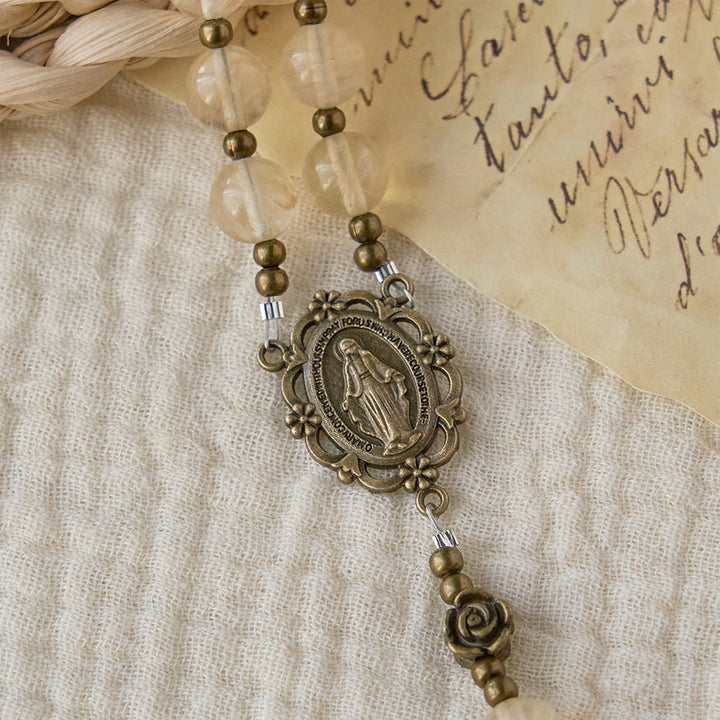 Christianartworkshop Amber Glass Bead Rosary with Camellia Accents: A Symbol of Christ’s Light & Purity - image 5