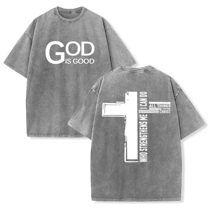 Christianartworkshop God Is Good Philippians 4:13 Cross Unisex Washed T-Shirt - Grey - 5XL - image 3