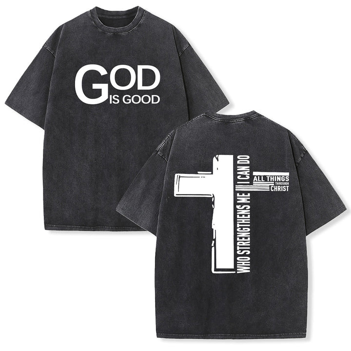 Christianartworkshop God Is Good Philippians 4:13 Cross Unisex Washed T-Shirt - Black - 5XL - image 0