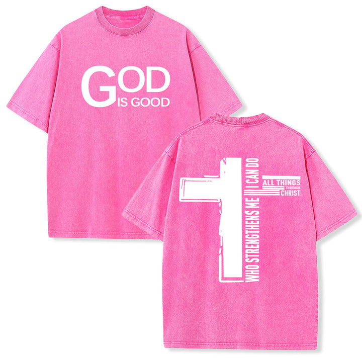 Christianartworkshop God Is Good Philippians 4:13 Cross Unisex Washed T-Shirt - Pink - 5XL - image 24