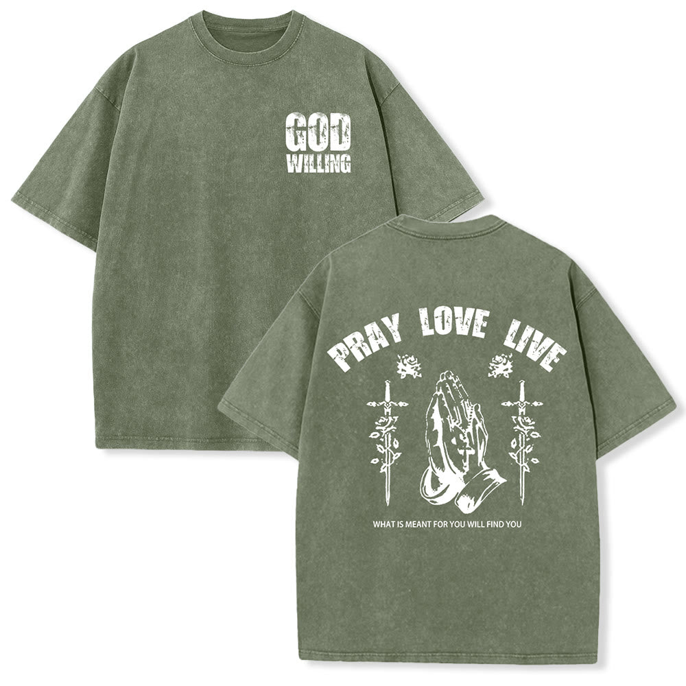 Christianartworkshop God Willing Pray Love Live Unisex Washed T-Shirt - Army Green - 5XL - image 12