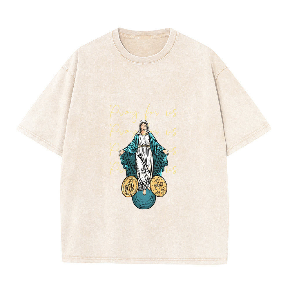 Christianartworkshop Pray For Us Virgin Mary Unisex Washed T-Shirt - Beige - 5XL - image 5