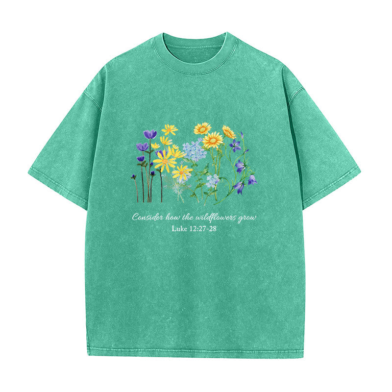 Christianartworkshop Consider How The Wildflowers Grow Unisex Washed T-Shirt - Green - 5XL - image 3