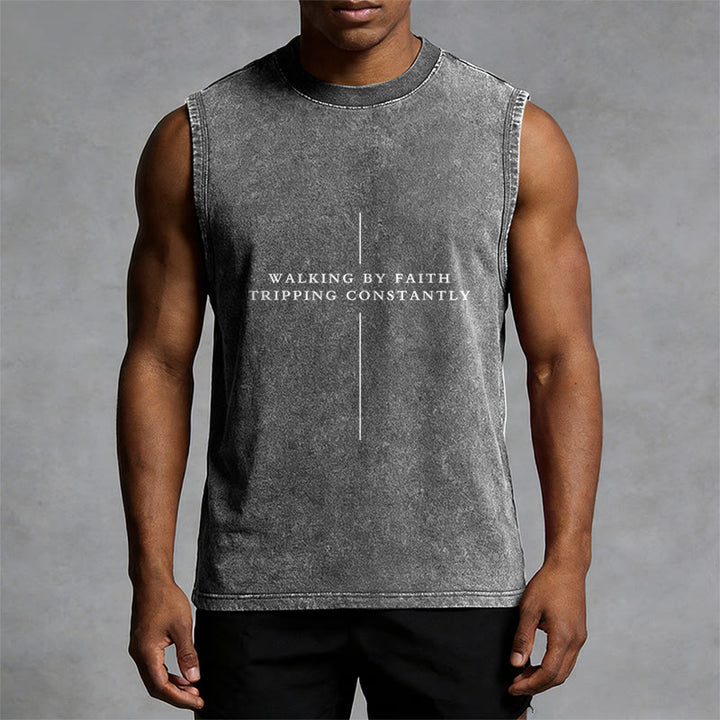 Christianartworkshop Walking By Faith Tripping Constantly Cross Unisex Washed Tank Top - image 7