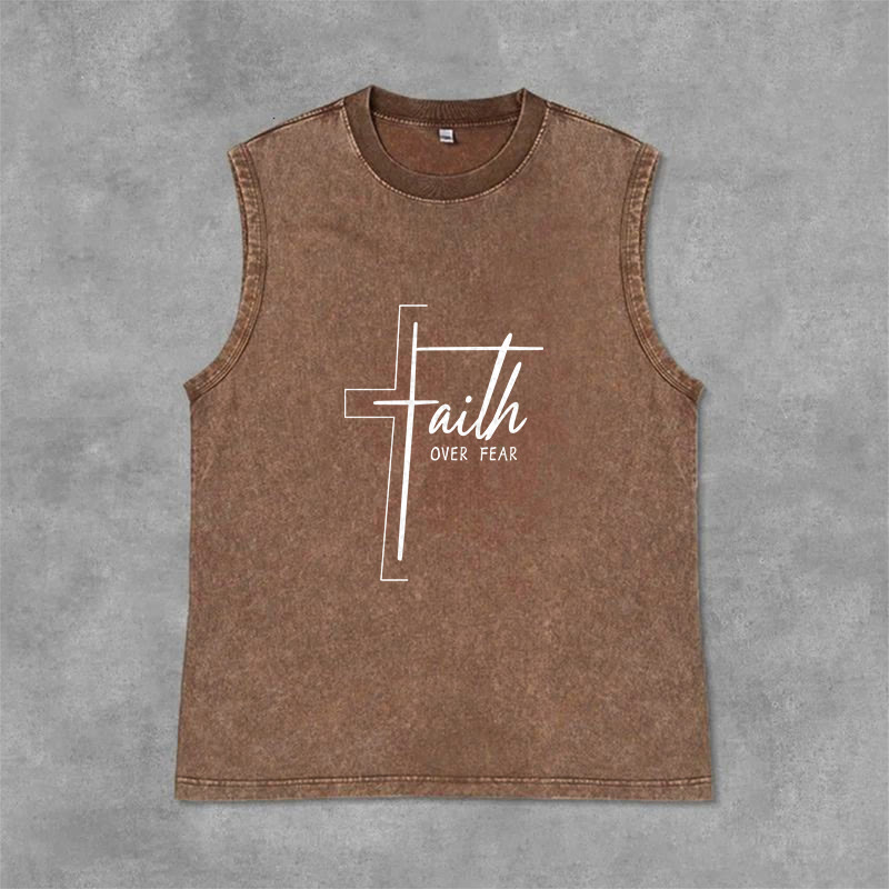 Christianartworkshop Handwritten Faith Over Fear Unisex Washed Tank Top - Brown - 2XL - image 6