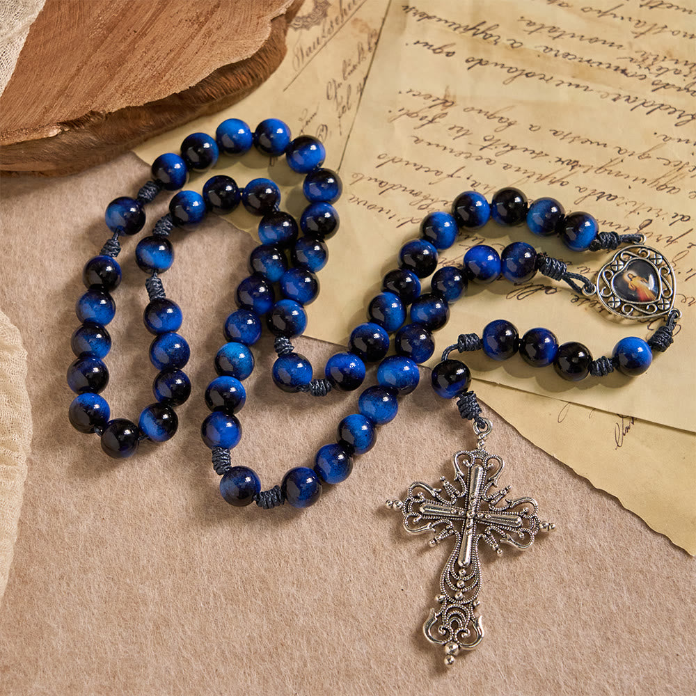 Christianartworkshop Blue Tiger Eye Rosary with Silver-Tone Crucifix: A Symbol of God’s Unshakable Strength - image 2
