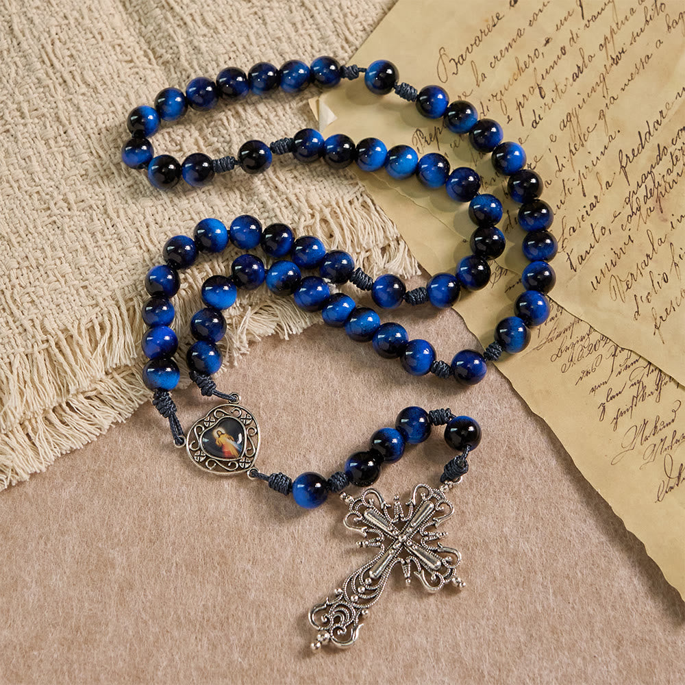 Christianartworkshop Blue Tiger Eye Rosary with Silver-Tone Crucifix: A Symbol of God’s Unshakable Strength - image 3