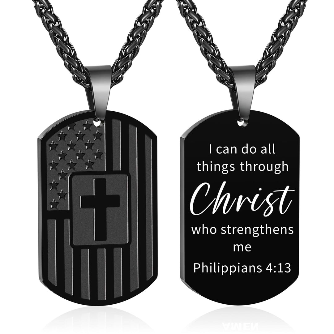 Christianartworkshop American Flag & Cross Double-Sided Scripture Necklace: A Symbol of Sacred Strength and Courage - Black Philippians 4:13 - image 18