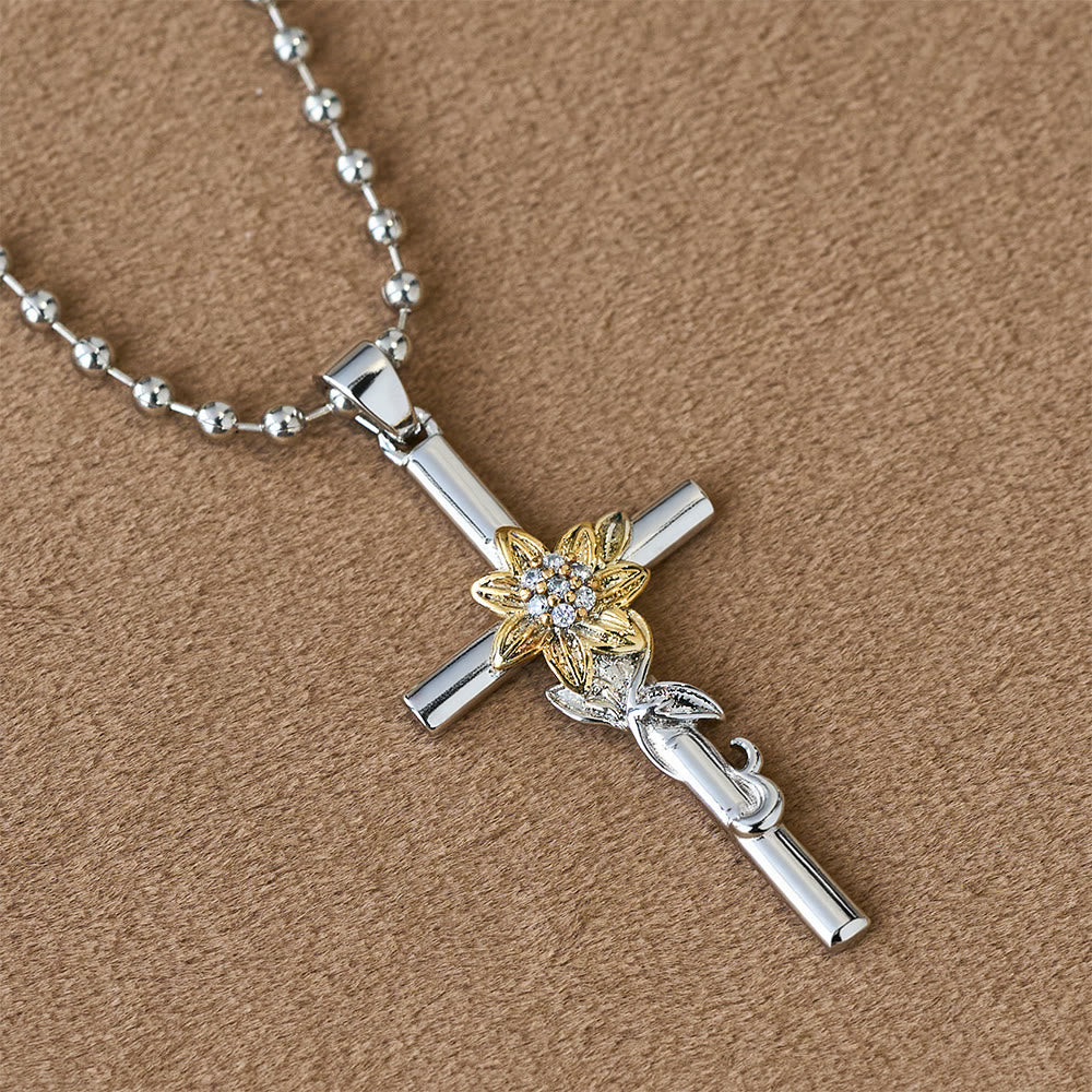 Christianartworkshop Silver-Toned Cross Pendant Necklace with Golden Floral & Leaf Detailing - Cross & Flower - image 0