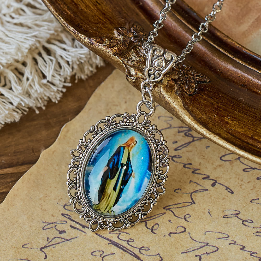 Christianartworkshop Filigree Frame Our Lady Portrait Necklace: A Symbol of Sacred Grace and Divine Light - Blue - image 6