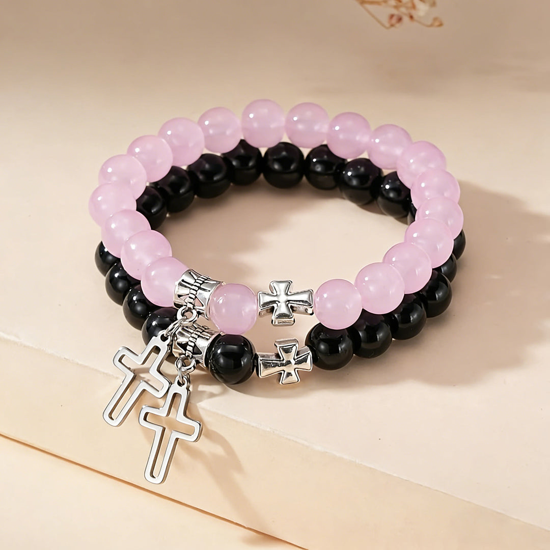 Christianartworkshop Dual-Tone Cross Charm Bead Bracelet Set: A Symbol of Faith in Every Wear - Black + Pink - image 2