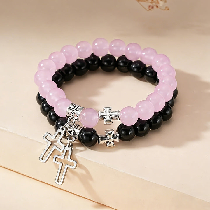 Christianartworkshop Dual-Tone Cross Charm Bead Bracelet Set: A Symbol of Faith in Every Wear - Black + Pink - image 2