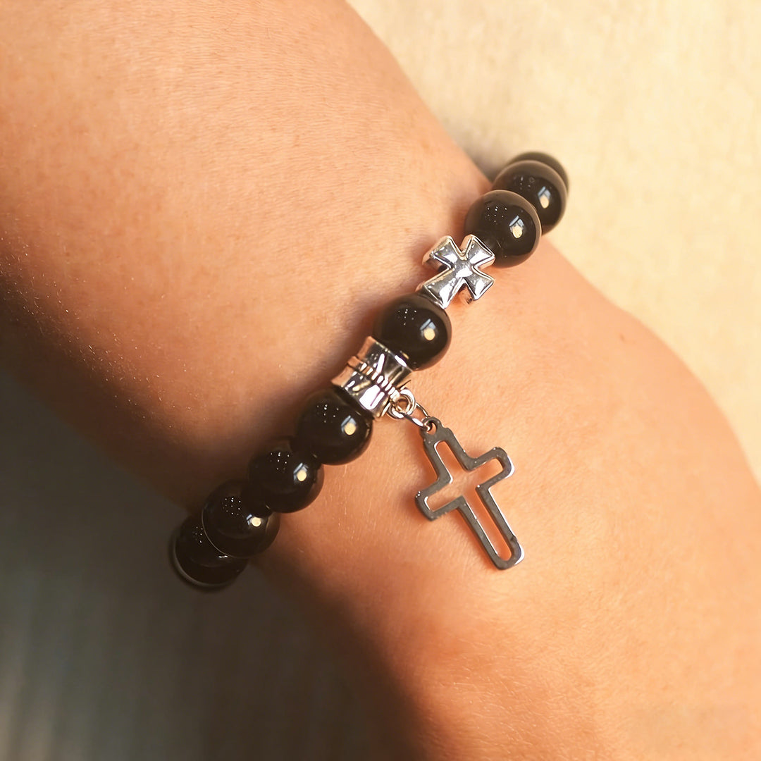 Christianartworkshop Dual-Tone Cross Charm Bead Bracelet Set: A Symbol of Faith in Every Wear - Black - image 4