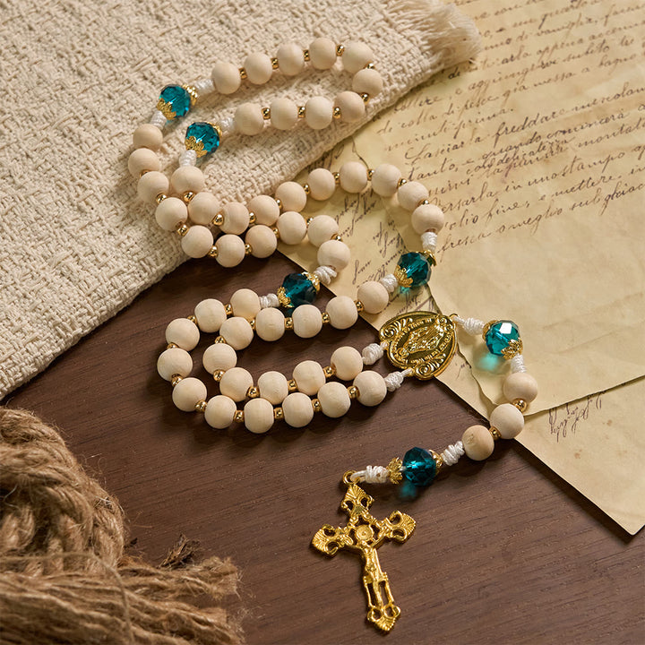 Christianartworkshop Our Lady of Grace Wood Bead Rosary with Peacock Blue Bead Accents - image 3