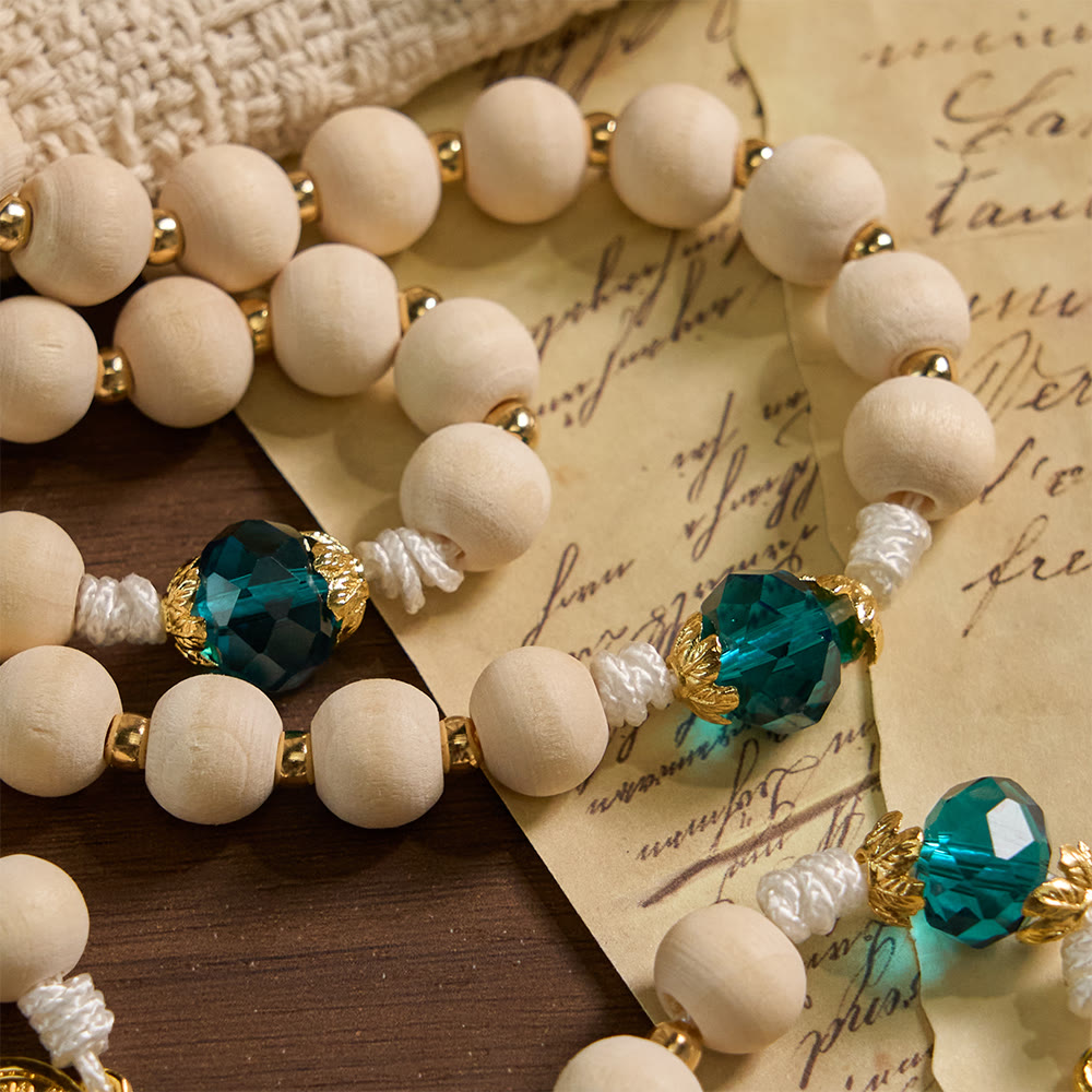 Christianartworkshop Our Lady of Grace Wood Bead Rosary with Peacock Blue Bead Accents - image 5