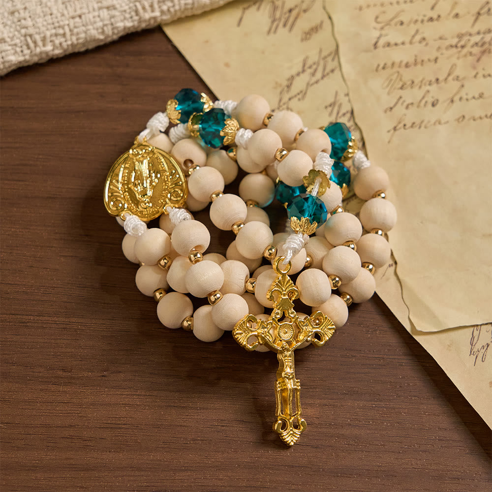 Christianartworkshop Our Lady of Grace Wood Bead Rosary with Peacock Blue Bead Accents - image 4