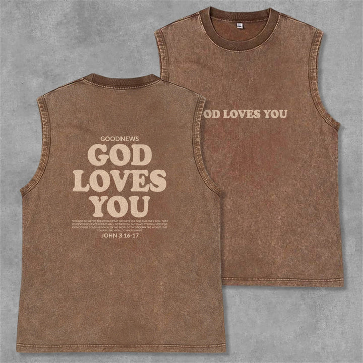 Christianartworkshop God Loves You Unisex Washed Tank Top - Brown - 2XL - image 29