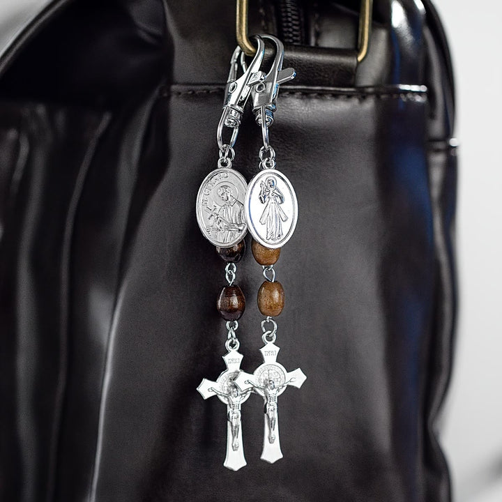 Christianartworkshop St. Gerard & Jesus Medallion Wood Bead Crucifix Keychain: A Symbol of Sacred Care and Protection - image 0