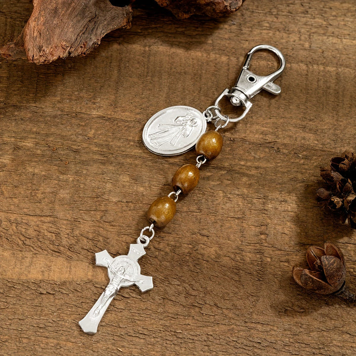 Christianartworkshop St. Gerard & Jesus Medallion Wood Bead Crucifix Keychain: A Symbol of Sacred Care and Protection - Jesus - image 4
