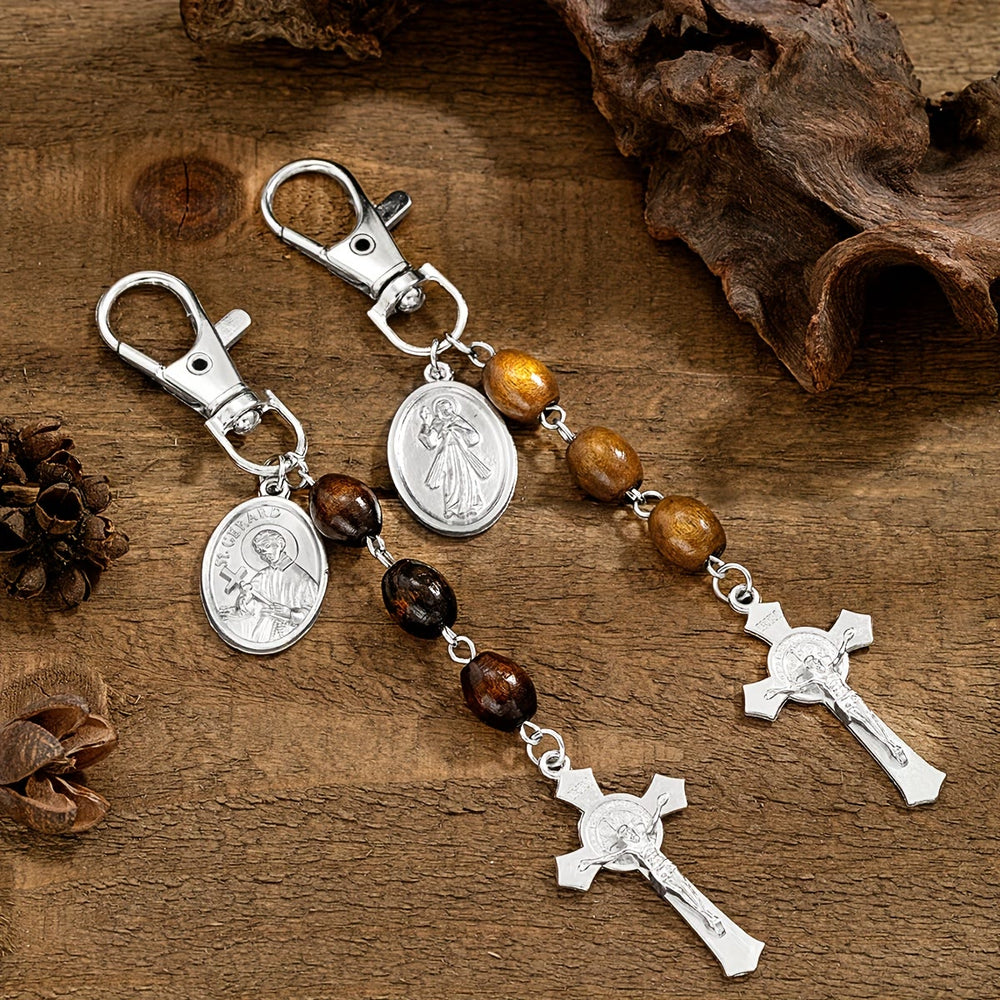 Christianartworkshop St. Gerard & Jesus Medallion Wood Bead Crucifix Keychain: A Symbol of Sacred Care and Protection - image 1