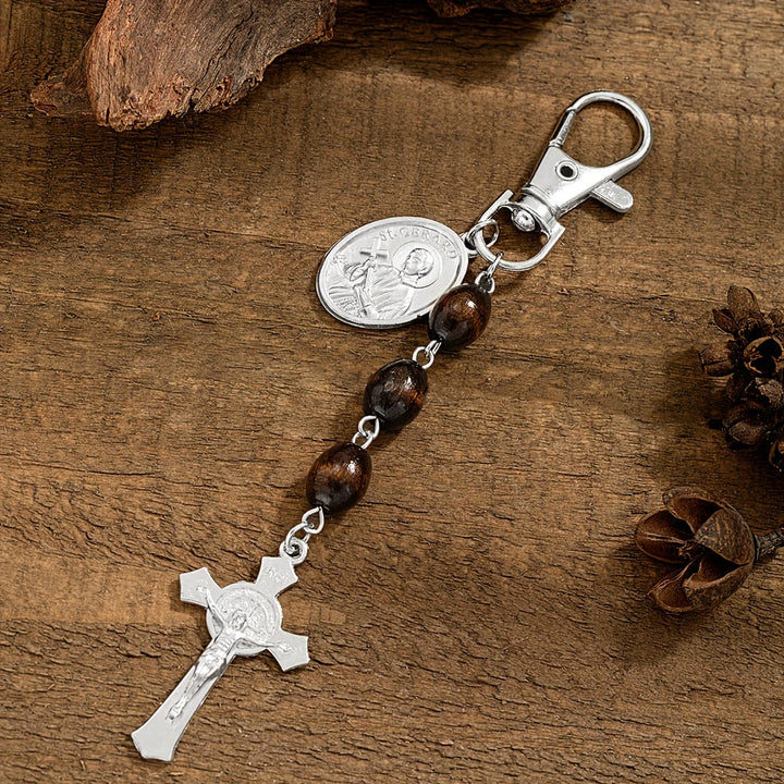 Christianartworkshop St. Gerard & Jesus Medallion Wood Bead Crucifix Keychain: A Symbol of Sacred Care and Protection - St.Gerard - image 3