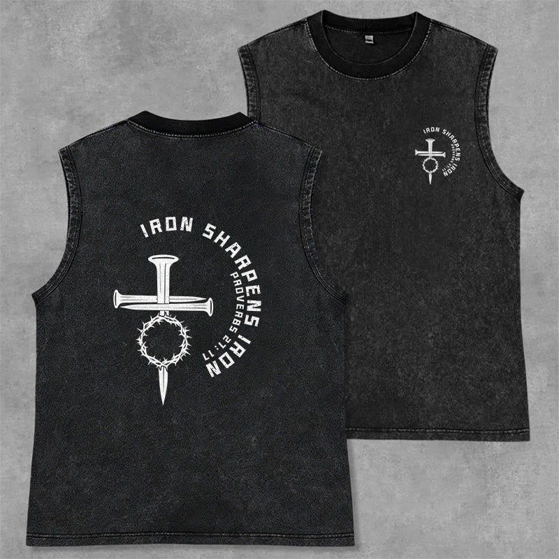 Christianartworkshop Proverbs 27:17 Nail Cross Unisex Washed Tank Top - Black - 2XL - image 1