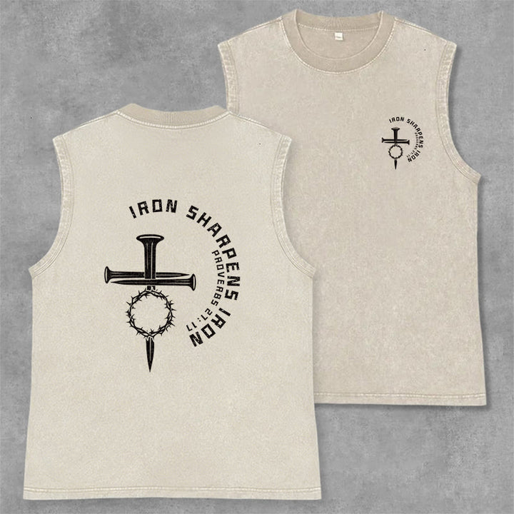 Christianartworkshop Proverbs 27:17 Nail Cross Unisex Washed Tank Top - Beige - 2XL - image 15