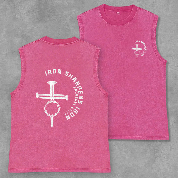 Christianartworkshop Proverbs 27:17 Nail Cross Unisex Washed Tank Top - Pink - 2XL - image 22