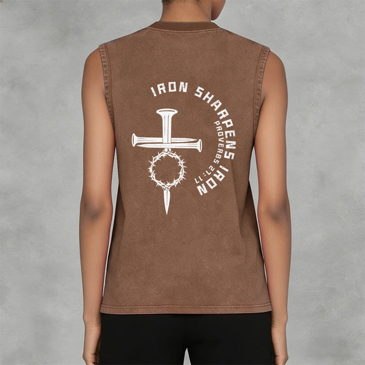 Christianartworkshop Proverbs 27:17 Nail Cross Unisex Washed Tank Top - image 32