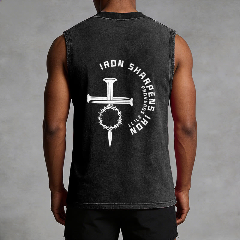 Christianartworkshop Proverbs 27:17 Nail Cross Unisex Washed Tank Top - image 2