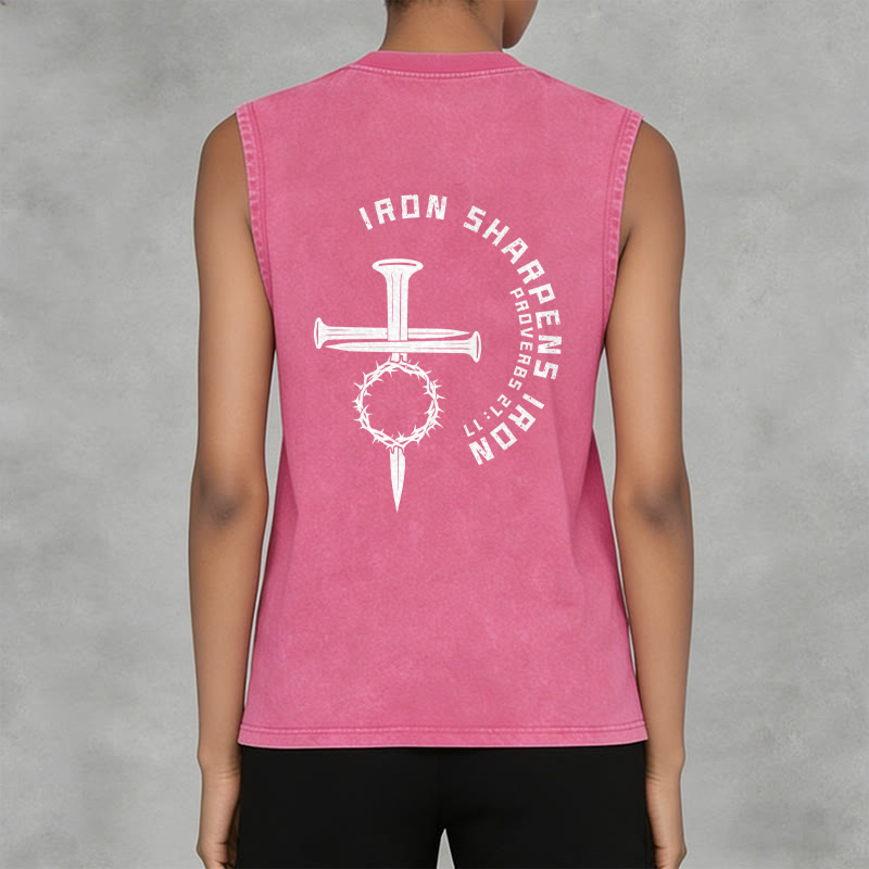 Christianartworkshop Proverbs 27:17 Nail Cross Unisex Washed Tank Top - image 25