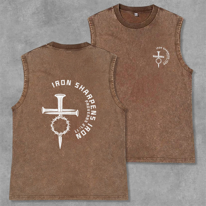 Christianartworkshop Proverbs 27:17 Nail Cross Unisex Washed Tank Top - Brown - 2XL - image 29