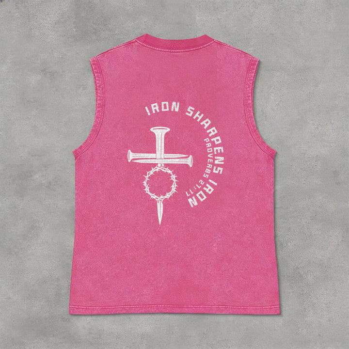 Christianartworkshop Proverbs 27:17 Nail Cross Unisex Washed Tank Top - image 27