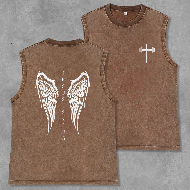 Christianartworkshop Jesus Is King Angel Wings Washed Tank Top - Brown - 2XL - image 29