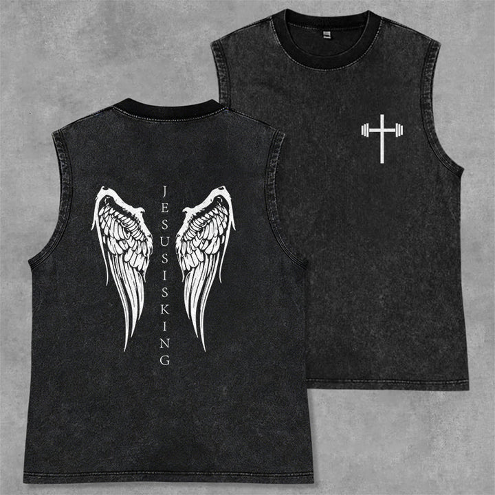 Christianartworkshop Jesus Is King Angel Wings Washed Tank Top - Black - 2XL - image 1
