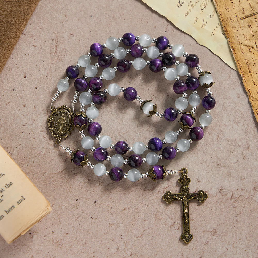 Christianartworkshop Cat's Eye Beaded Rosary with Mary Medal: A Symbol of Divine Guidance & Faith - image 1